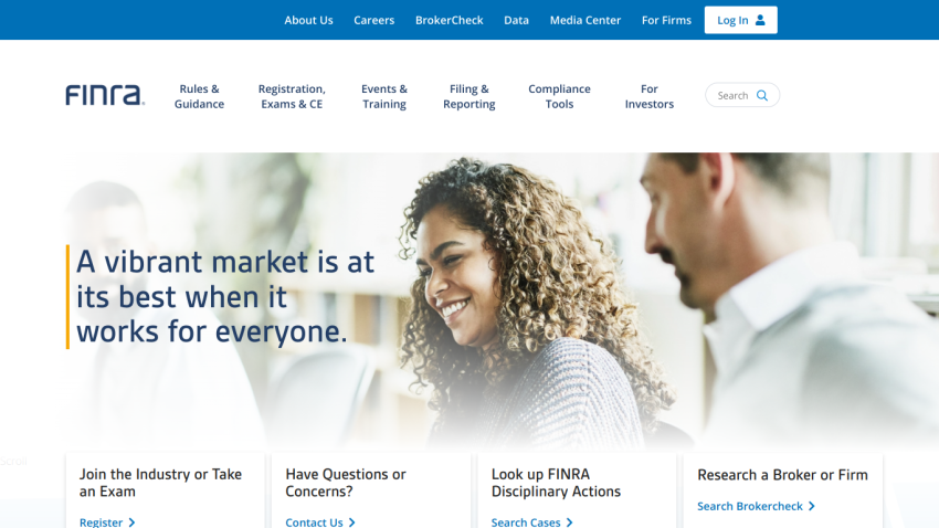 FINRA homepage featuring a vibrant market message and navigation options.