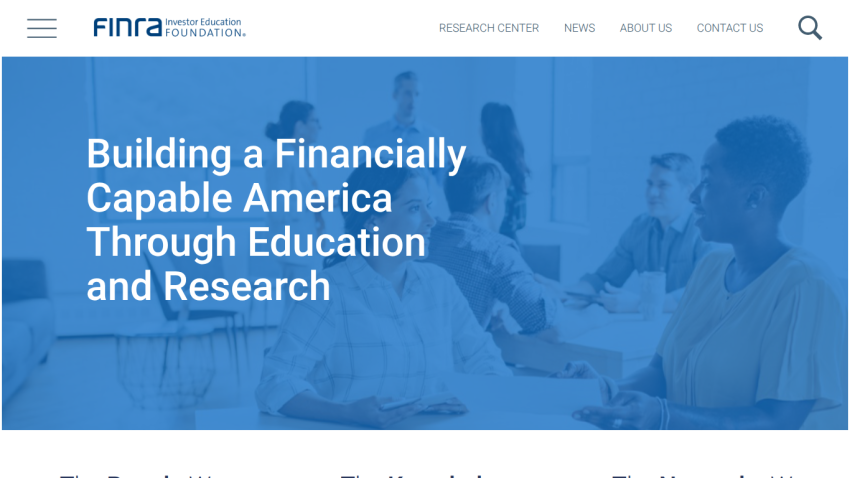 FINRA Investor Education Foundation homepage with navigation and headline about building financial capability through education and research