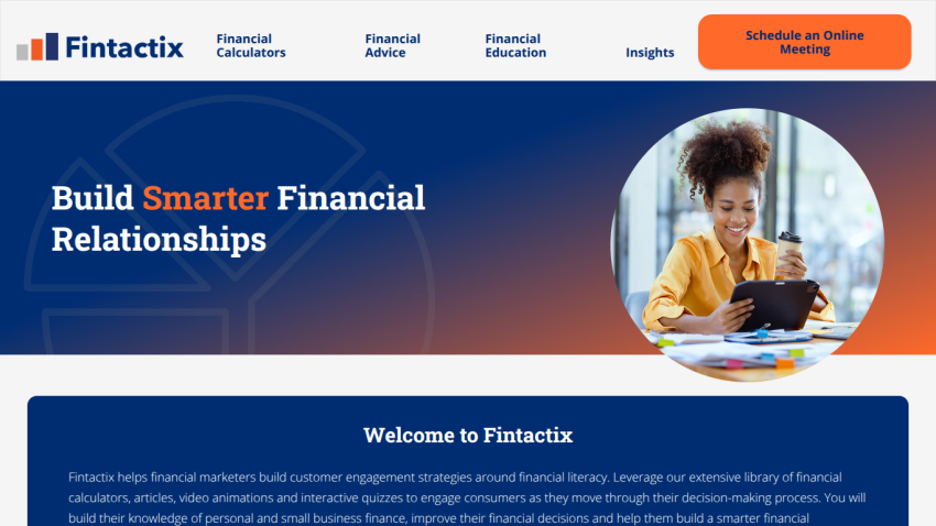 Fintactix homepage with navigation, headline 'Build Smarter Financial Relationships', and image of woman using tablet