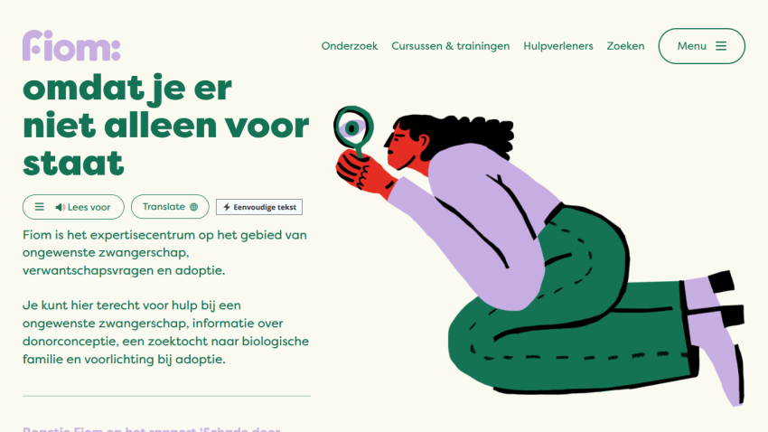 Fiom expertise center offering help with unwanted pregnancy, kinship questions, and adoption in Dutch
