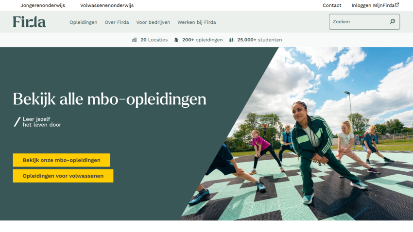Firda education site showing mbo courses with a group of young people stretching outdoors on a basketball court