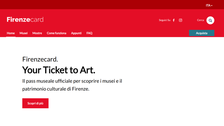 Firenze card website header with navigation and hero text promoting the official museum pass for Florence cultural heritage