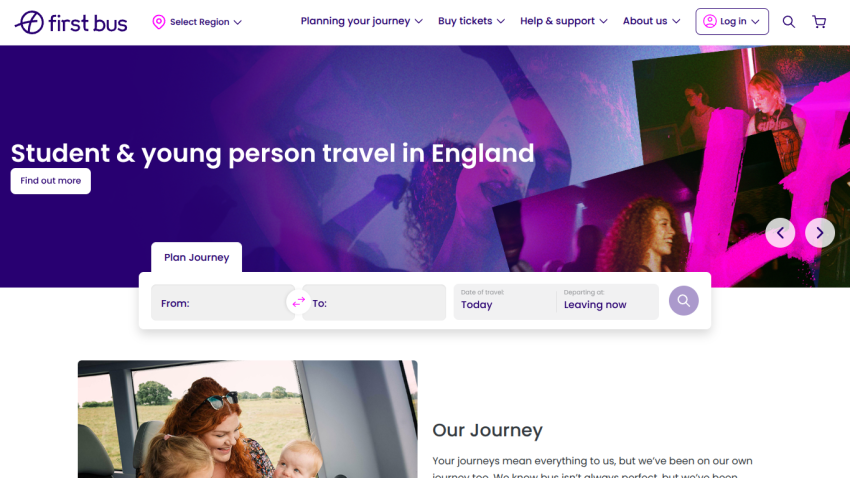 First Bus website homepage with student travel promotion and journey planner form