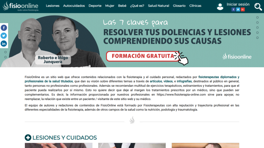 Website header with navigation and hero section titled 'Las 7 claves para resolver tus dolencias y dolores comprendiendo sus causas' with a call to action button