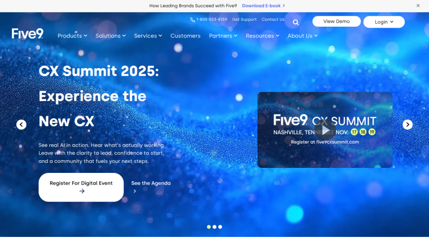 Five9 CX Summit 2025 digital event promotion with registration and agenda links on a blue abstract background