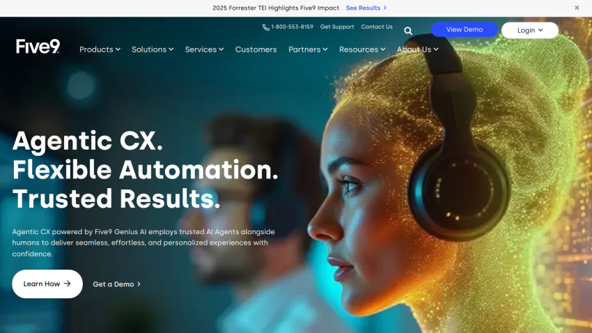 Five9 homepage featuring a woman with headphones and the tagline about flexible automation.