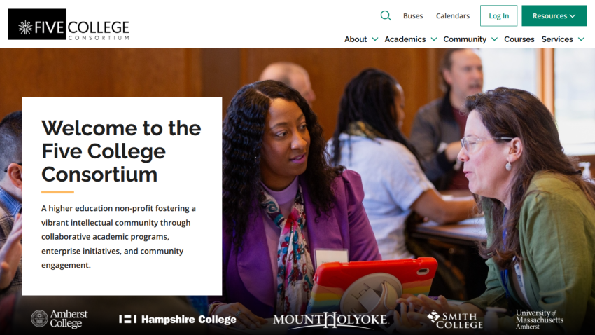 Welcome message for Five College Consortium with description of its academic community and logos of member colleges