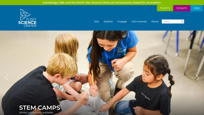 Fleet Science Center website with navigation and a hero image showing children and an instructor engaged in a STEM camp activity