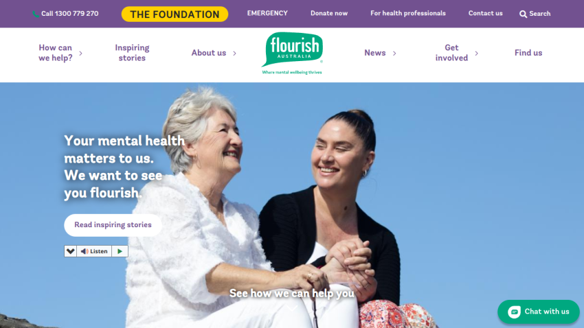 Website header with navigation and a hero section showing two women smiling outdoors with mental health support text