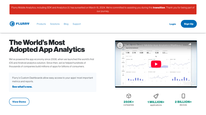 Flurry's homepage showcasing app analytics with key metrics and a video.