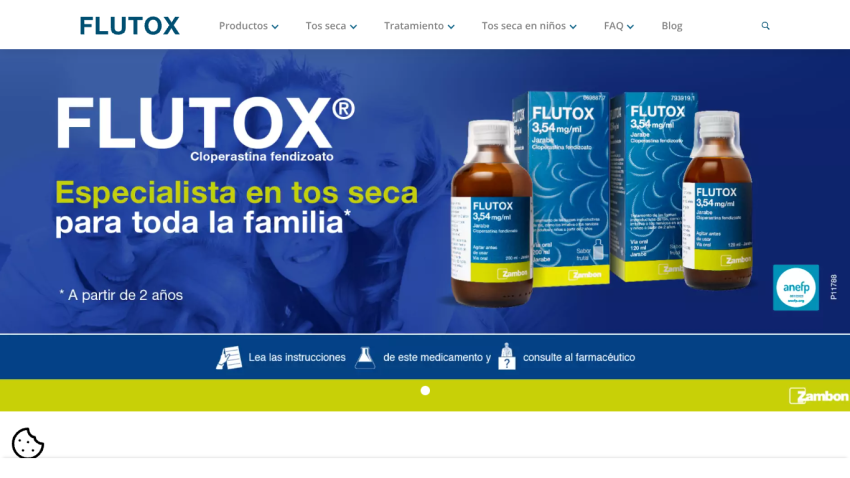 FLUTOX cough medicine for dry coughs for the whole family, with product images and navigation menu
