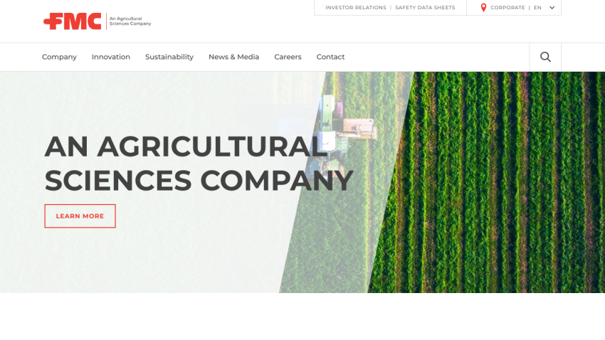 FMC's homepage featuring agricultural sciences with a call to action button.