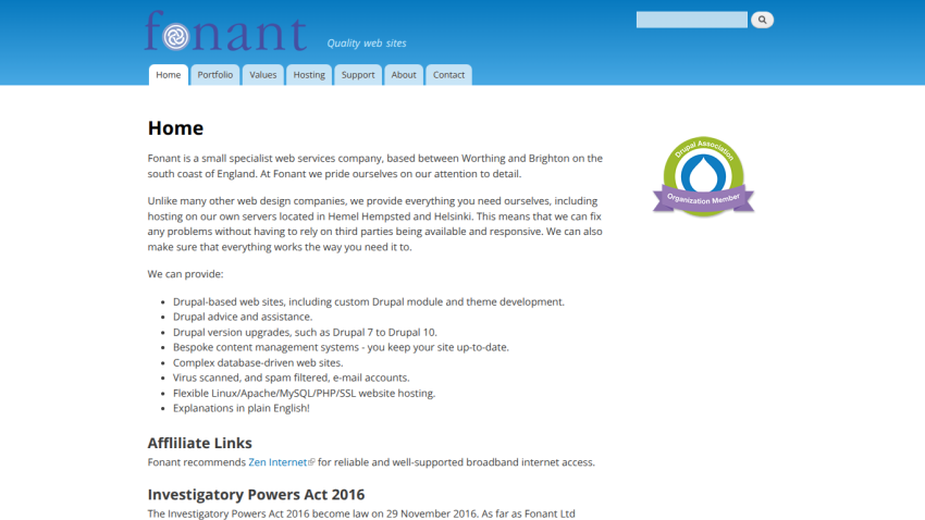 Fonant web services homepage with navigation tabs and description of Drupal-based web design and hosting services