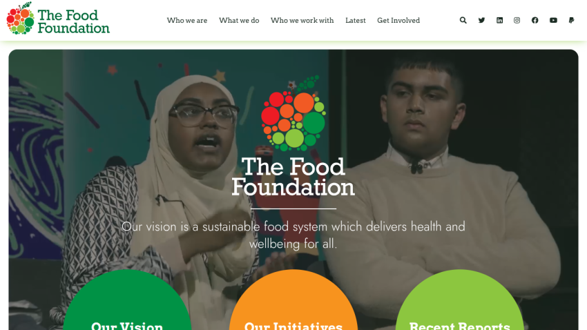 The Food Foundation homepage with vision statement and navigation menu