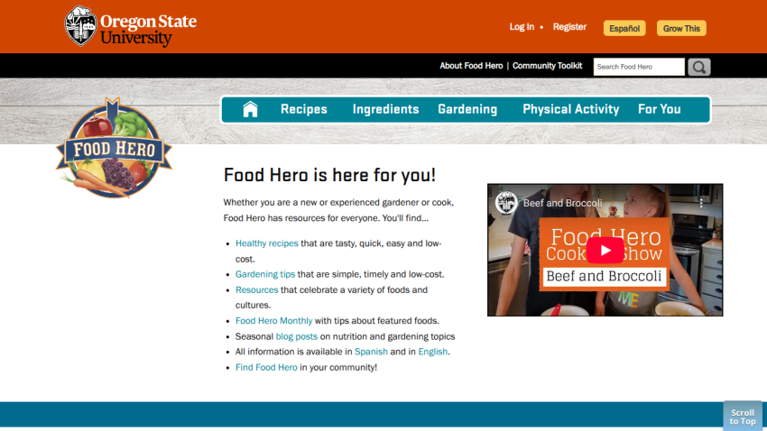 Food Hero page with navigation, introduction text, and a cooking show video titled Beef and Broccoli