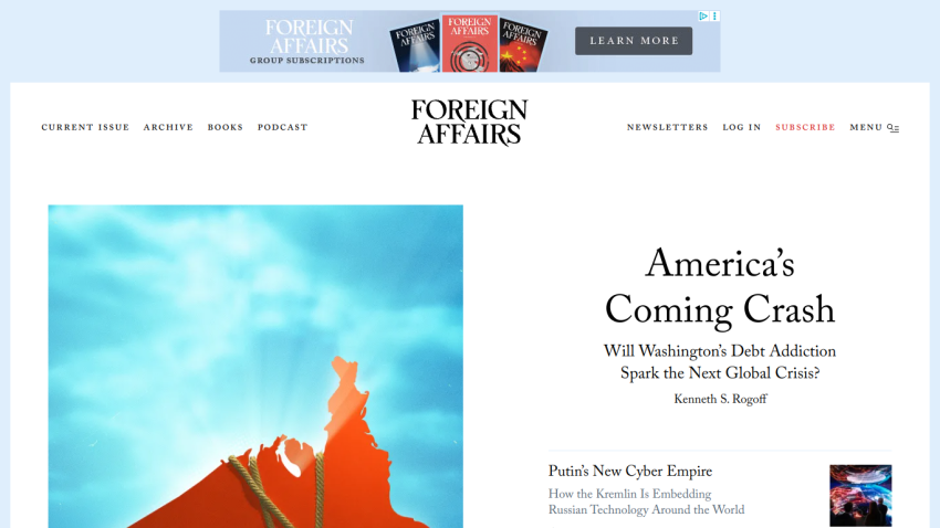 Article titled 'America's Coming Crash' with author Kenneth I. Rogoff and navigation links.