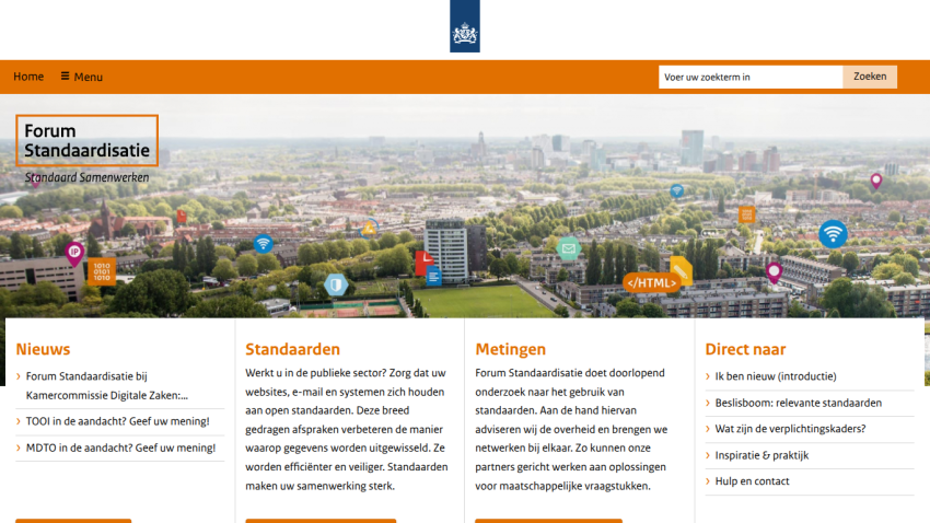 Forum Standaardisatie homepage with navigation, search bar, and sections on news, standards, measurements, and quick links