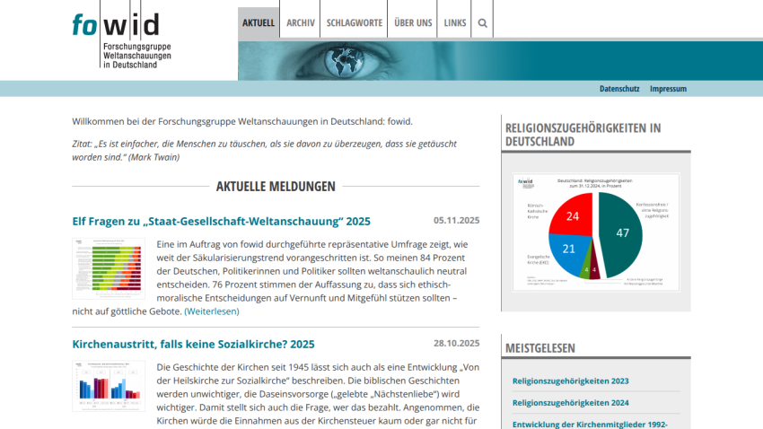 Homepage of Forschungsgruppe Weltanschauungen in Deutschland with news on societal worldview survey and church exit topics, plus religious affiliation chart