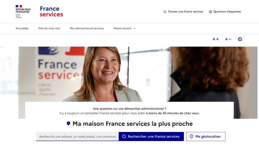 France Services homepage with navigation, hero image of two people talking, and search for nearest France services location