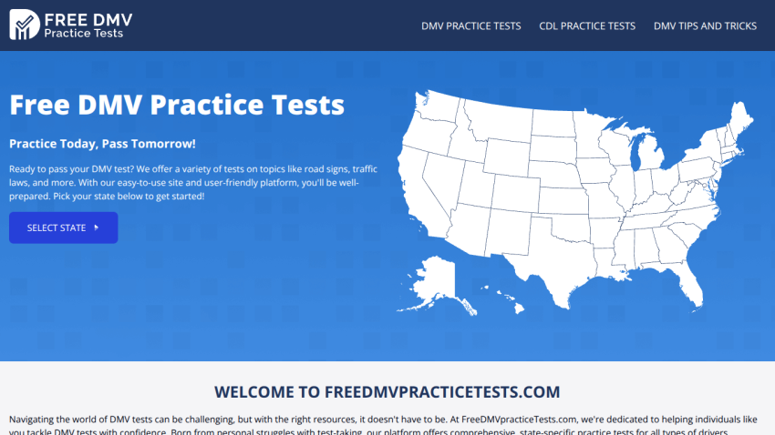 Free DMV Practice Tests homepage with a US map and a call to action to select a state for practice tests