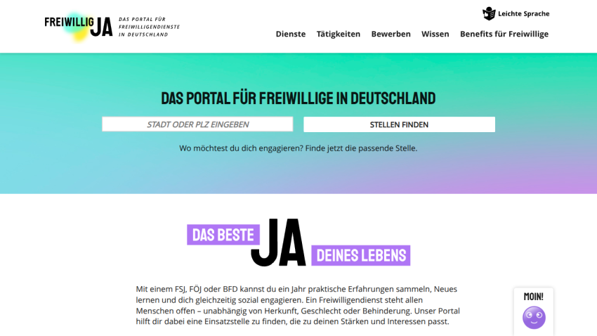 Volunteer service portal in Germany with search for positions by city or postal code and information about benefits and opportunities