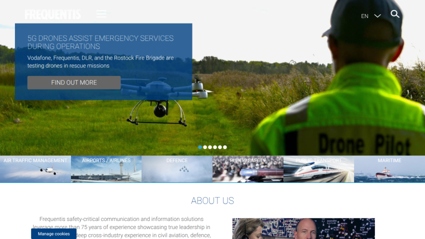 Website hero section about 5G drones assisting emergency services with navigation and language options