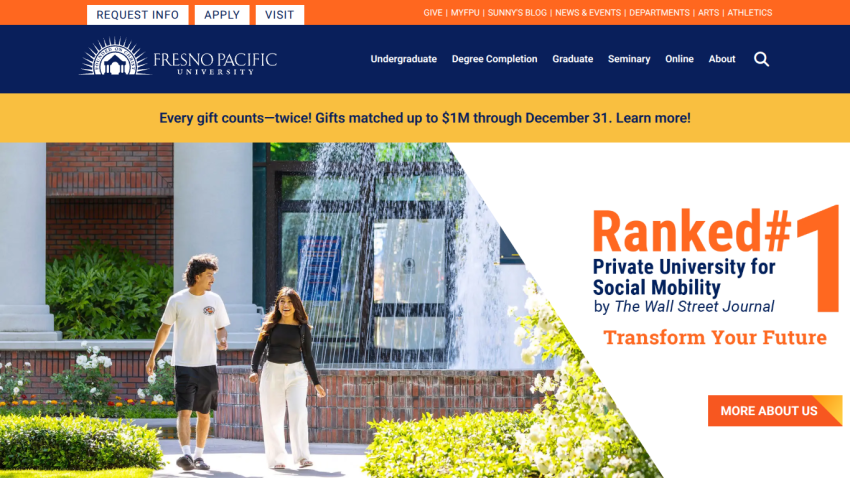 University homepage highlighting #1 ranking for social mobility with call to action button