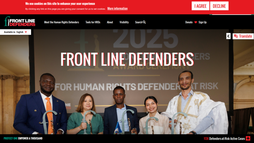 Front Line Defenders website featuring a group of individuals advocating for human rights.