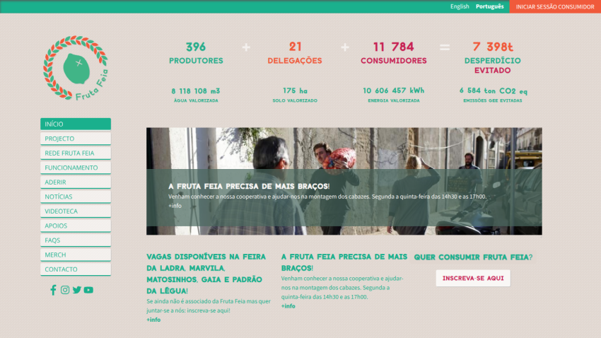Fruta Feia cooperative homepage showing statistics on waste avoided and invitations to join and consume their products.