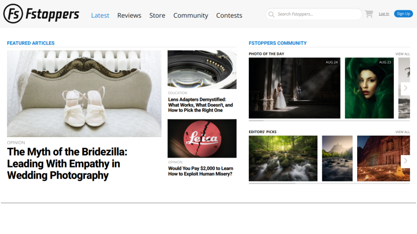 Homepage of Fstoppers featuring articles on photography and community highlights.