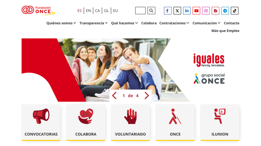 Homepage of ONCE social group with navigation menu, hero image of people, and icons for calls, solidarity, volunteering, ONCE, and blind services