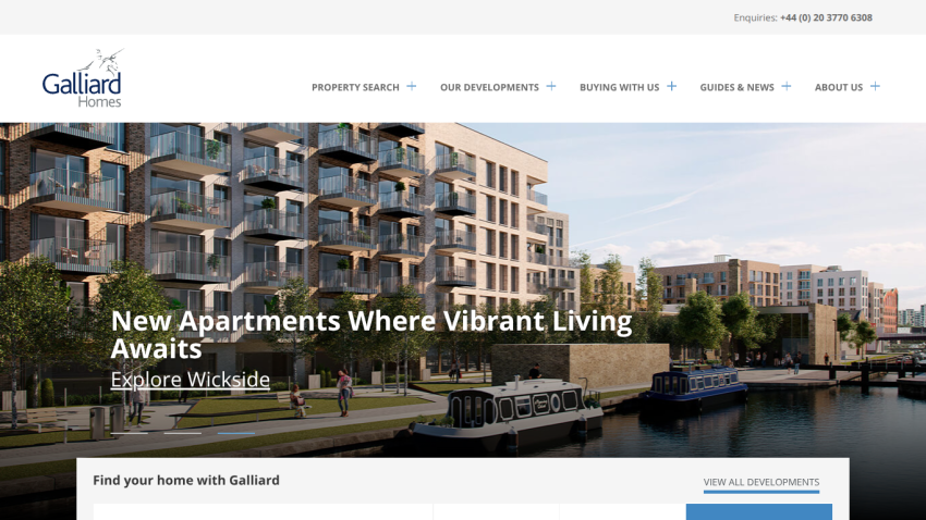 Real estate website showcasing new apartments at Wickside with navigation menu and contact info