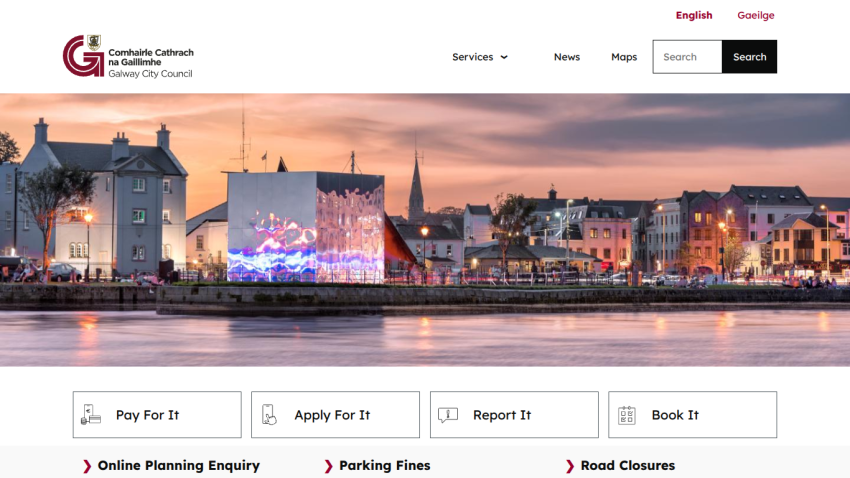 Galway City Council homepage with navigation and a sunset waterfront cityscape hero image