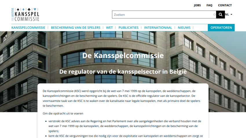 Homepage of Kansspelcommissie, regulator of Belgium's gambling sector, with navigation and introductory text