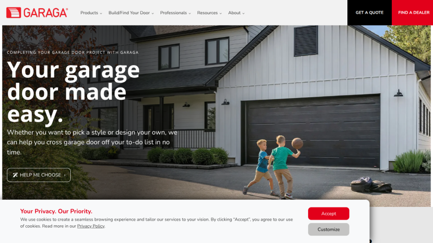 Garage door company homepage with headline 'Your garage door made easy' and children playing basketball in driveway