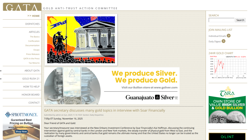 Gold Anti-Trust Action Committee homepage with navigation, gold and silver bullion ads, gold price chart, and article headline