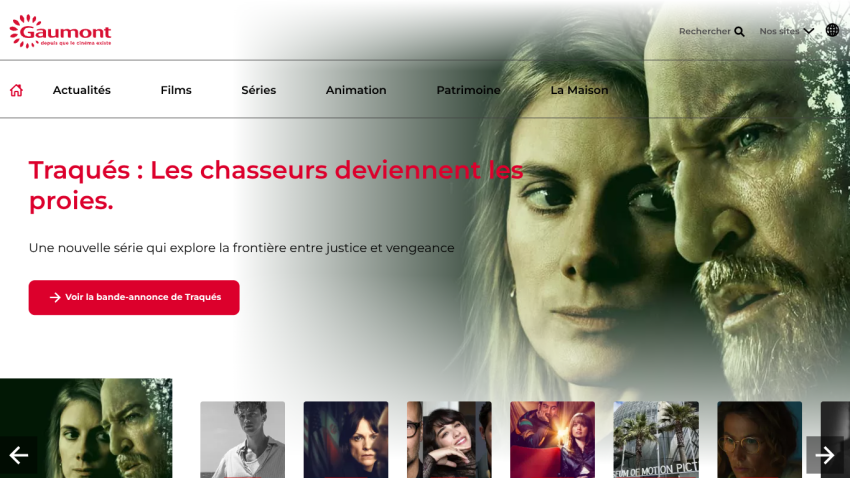 Homepage featuring the series Traqués with tagline about hunters becoming prey and a button to watch the trailer