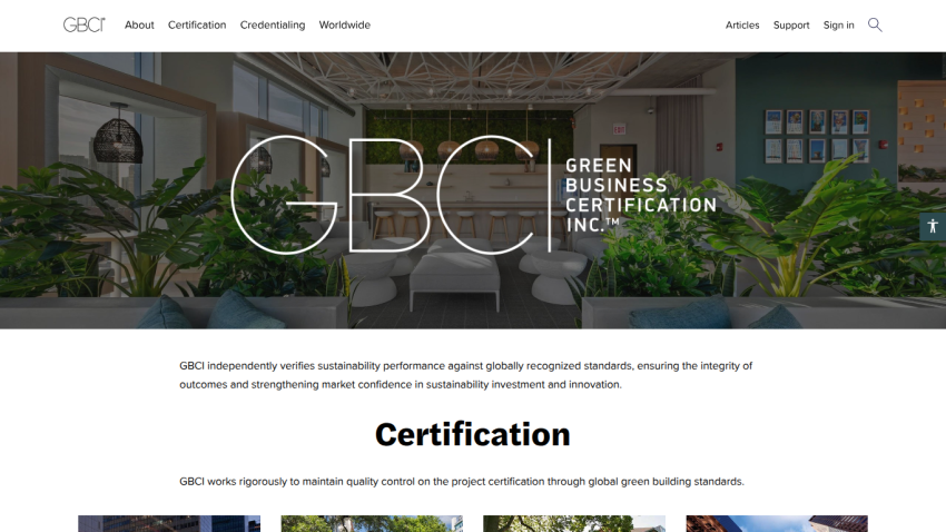 GBCI website homepage with navigation and certification information on sustainability performance and green building standards