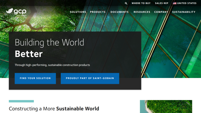 Homepage promoting high-performing, sustainable construction products with navigation and call-to-action buttons