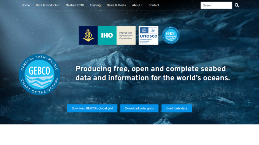 Homepage offering free, open seabed data and information for the world's oceans with download and contribute options.