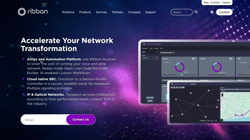 Ribbon website hero section promoting network transformation with AIops, cloud native SBC, and IP & optical networks, including email contact form