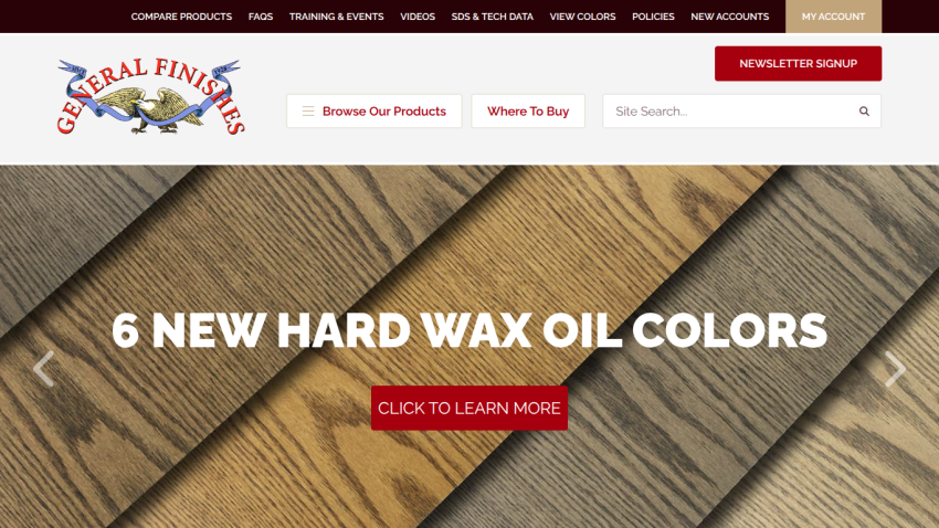 General Finishes website header with navigation and hero section promoting 6 new hard wax oil colors