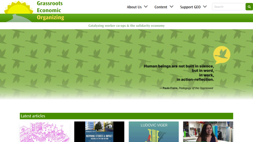 Grassroots Economic Organizing website with navigation, a Paulo Freire quote, and latest articles section