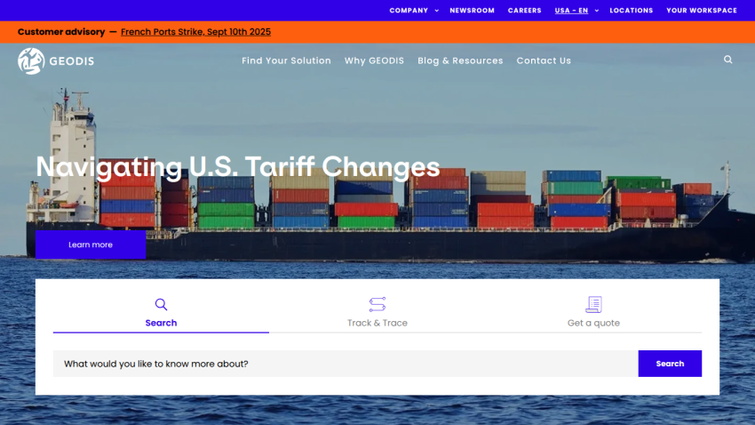 Homepage featuring U.S. tariff changes with a search bar and colorful shipping containers in the background.