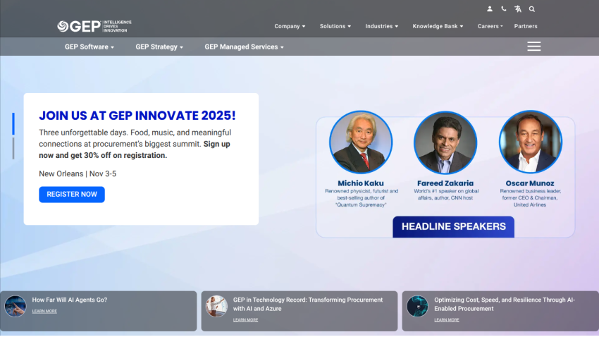 GEP Innovate 2025 event promotion with speaker details and registration button.