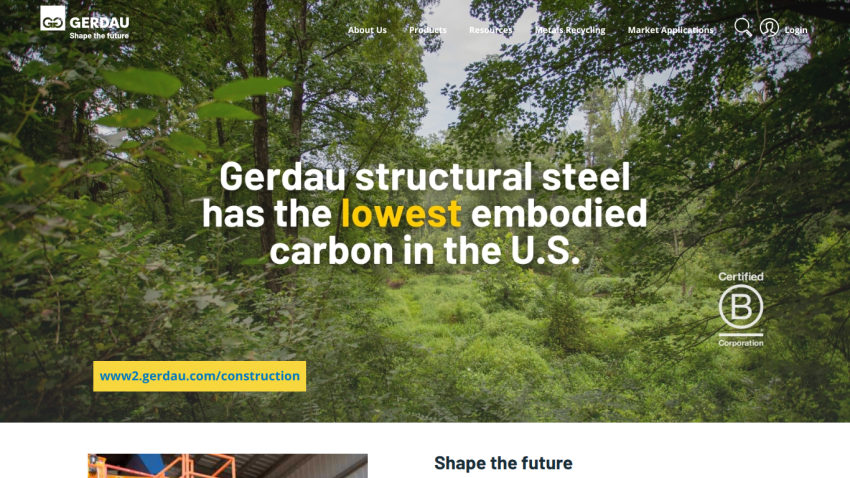 Gerdau structural steel promotes lowest embodied carbon in the U.S. with a nature background and website navigation
