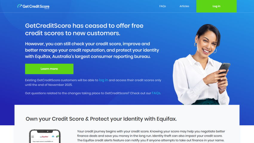 GetCreditScore informs users it no longer offers free credit scores to new customers but allows score checks and identity protection with Equifax, featuring a smiling woman with a phone.