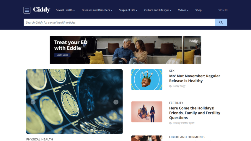Giddy website homepage with sexual health navigation, search bar, ED treatment ad, and articles on sex, fertility, and hormones