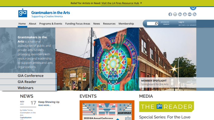 Grantmakers in the Arts homepage with navigation, colorful mural hero image, news, events, and media sections