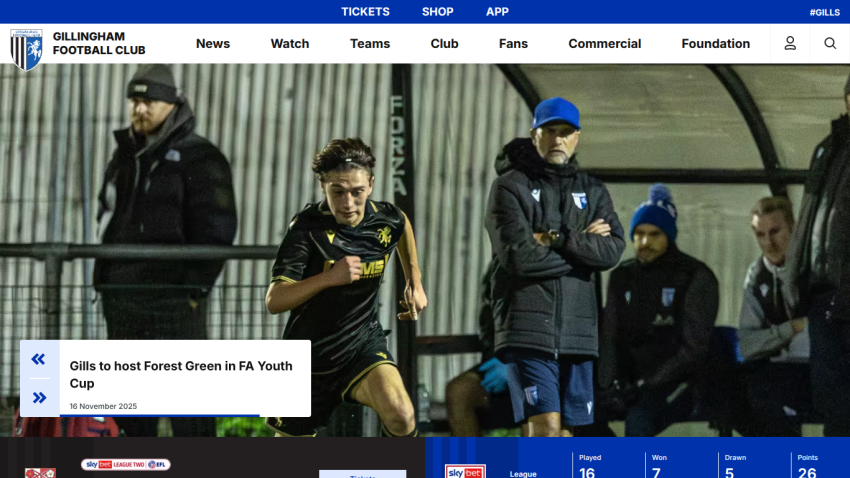 Gillingham Football Club homepage with navigation menu and news about hosting Forest Green in FA Youth Cup